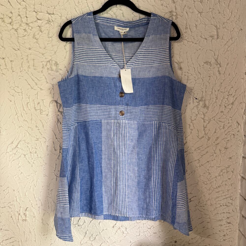 Beachlunchlounge Linen Blend Tunic Blue White Striped Sleeveless Boho Coastal L